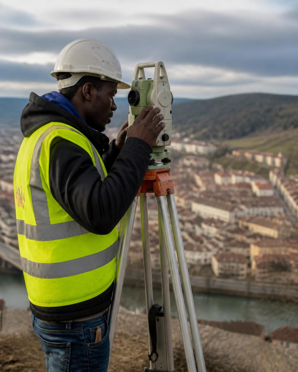Jeune géomètre-topographe utilisant une station totale sur le terrain